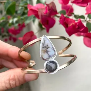 14k goldfill split band cuff with dendritic agate   grey moonstone   14k goldfill   sterling