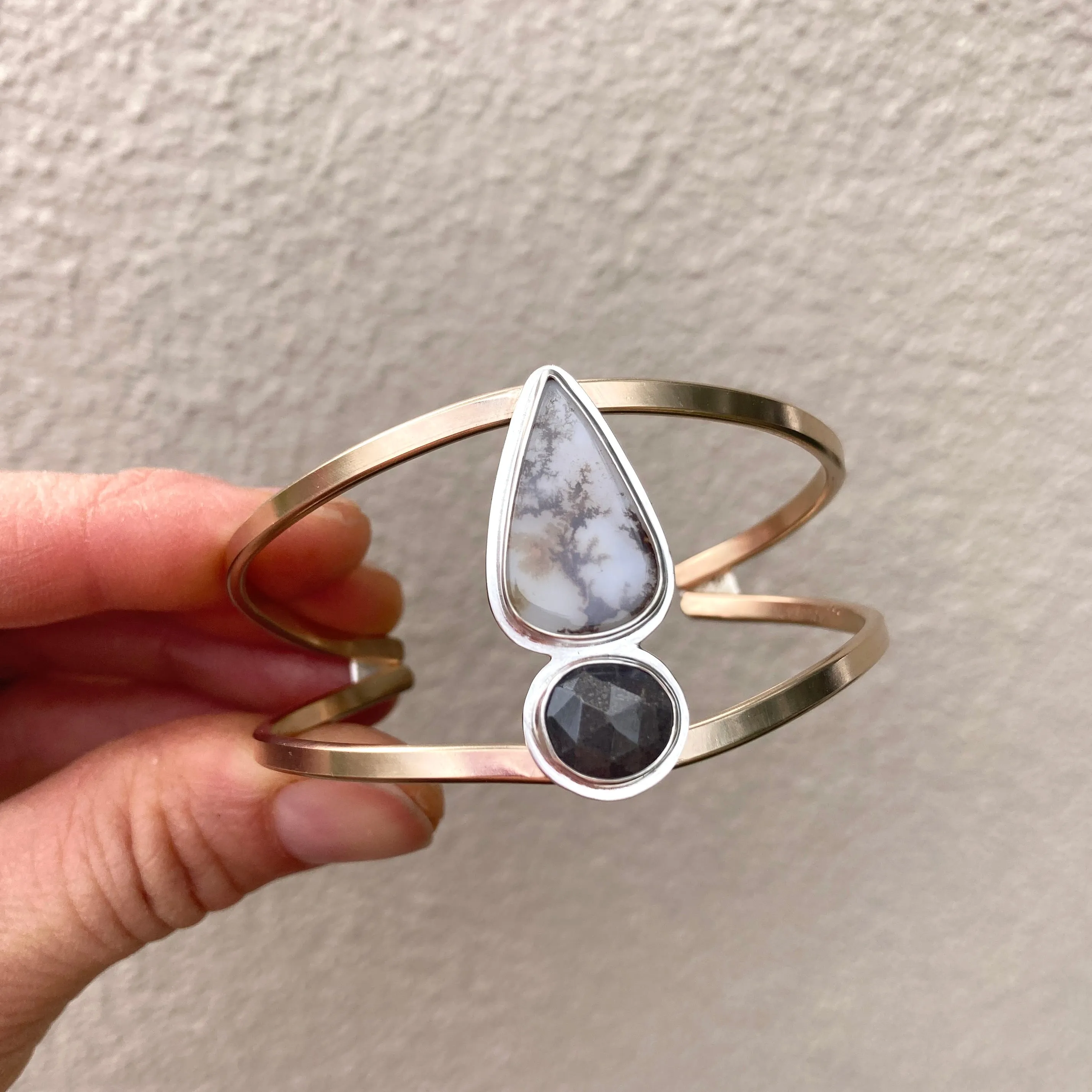 14k goldfill split band cuff with dendritic agate   grey moonstone   14k goldfill   sterling