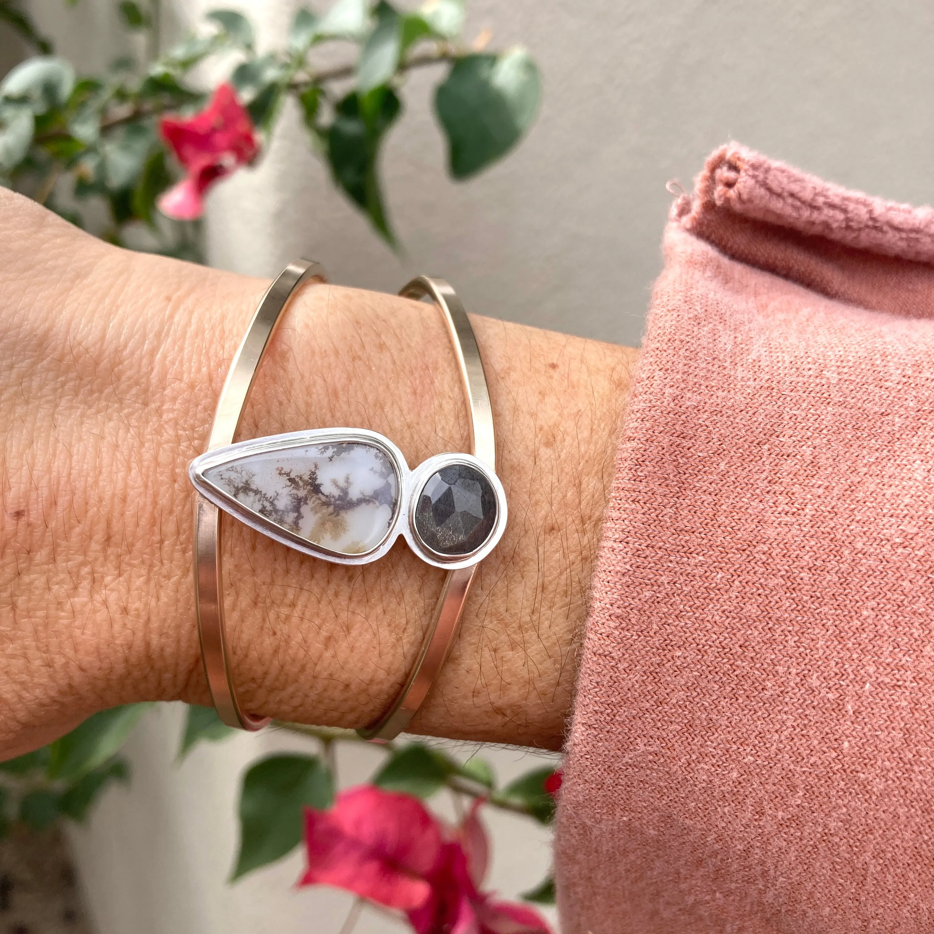 14k goldfill split band cuff with dendritic agate   grey moonstone   14k goldfill   sterling