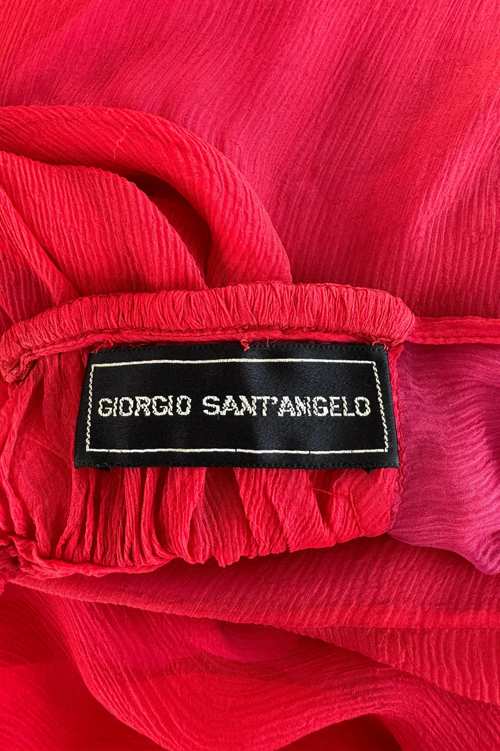 1970s Giorgio Sant'Angelo Red Silk ChiffonDress w Pink Silk Chiffon Lining & Prettiest Gusset Skirt