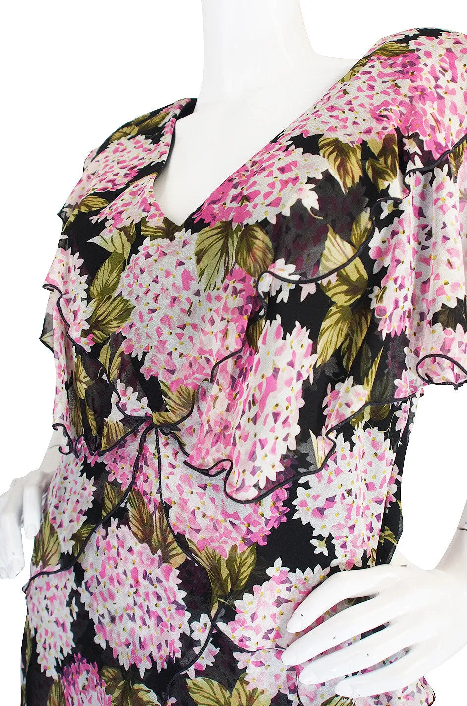 1970s Pink Floral Holly Harp Tiered Silk Dress