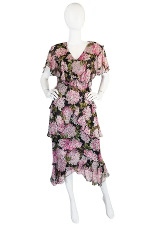 1970s Pink Floral Holly Harp Tiered Silk Dress