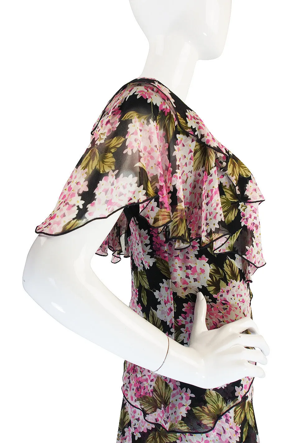 1970s Pink Floral Holly Harp Tiered Silk Dress