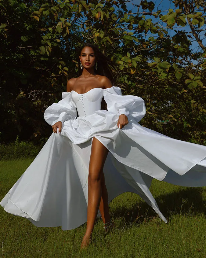 2022 Satin Wedding Dresses Puffy Sleeves Garden Wedding Gown Said Mhamad Photography Style