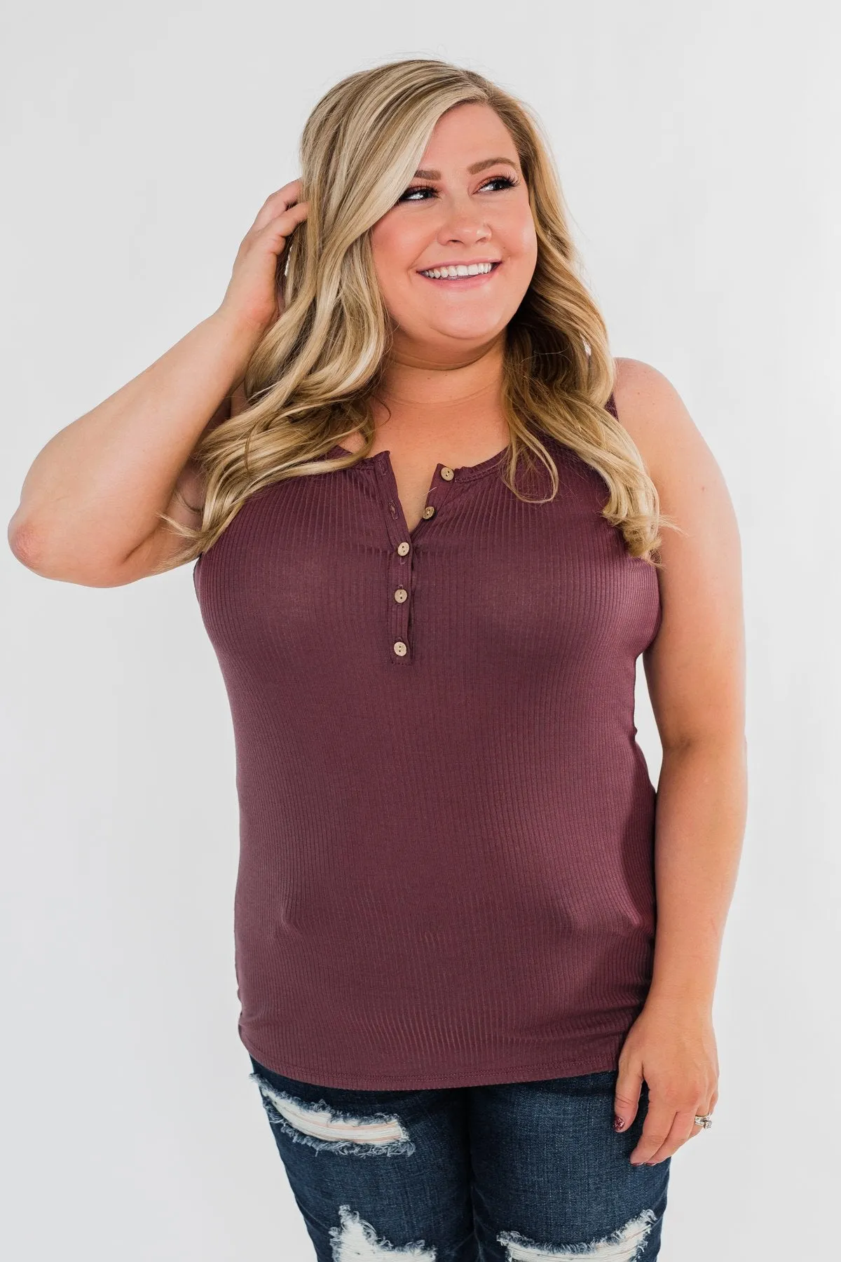 5-Button Henley Tank Top- Dark Mauve