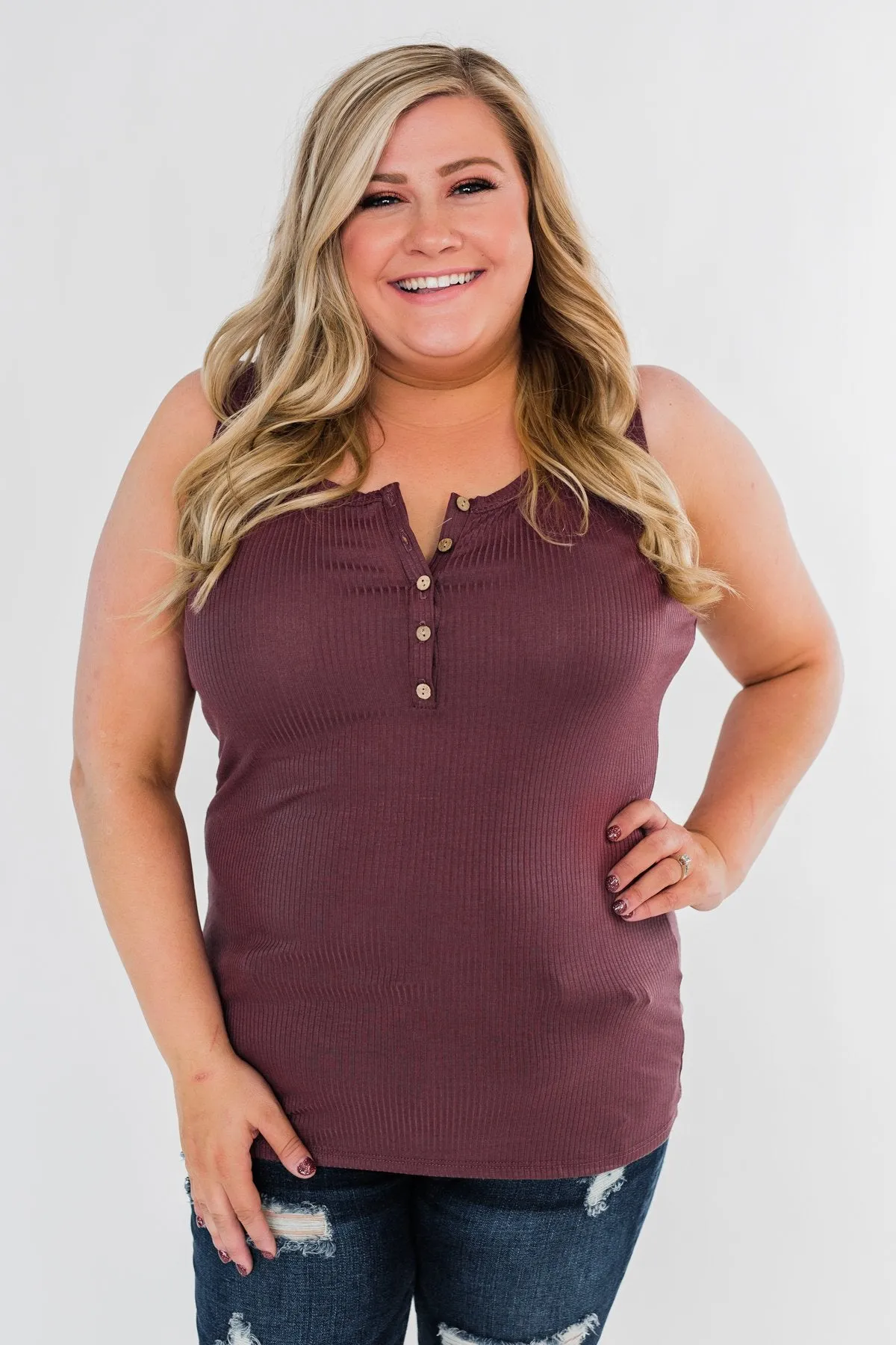 5-Button Henley Tank Top- Dark Mauve