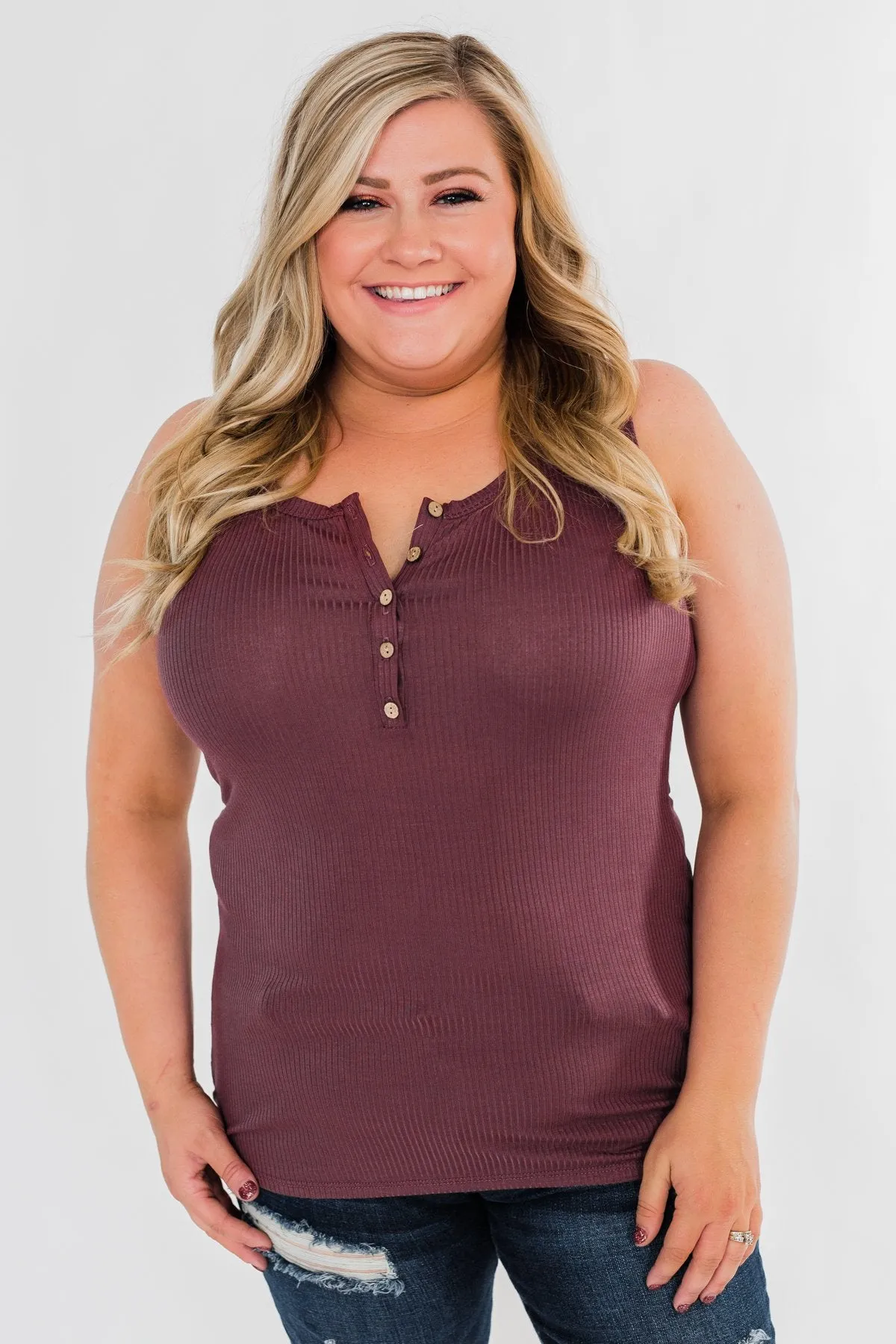 5-Button Henley Tank Top- Dark Mauve