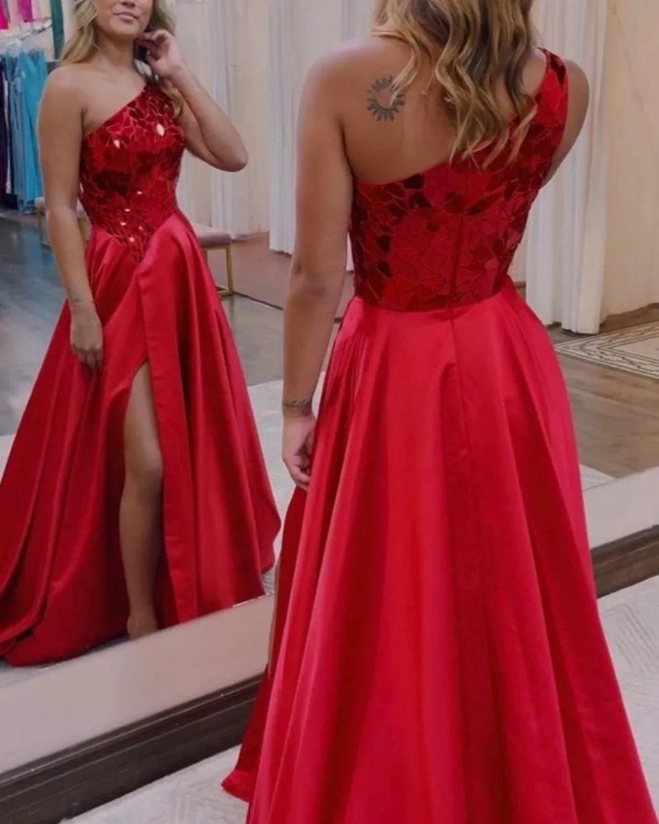 A-line One Shoulder Sequins Long Prom Dresses with Slit