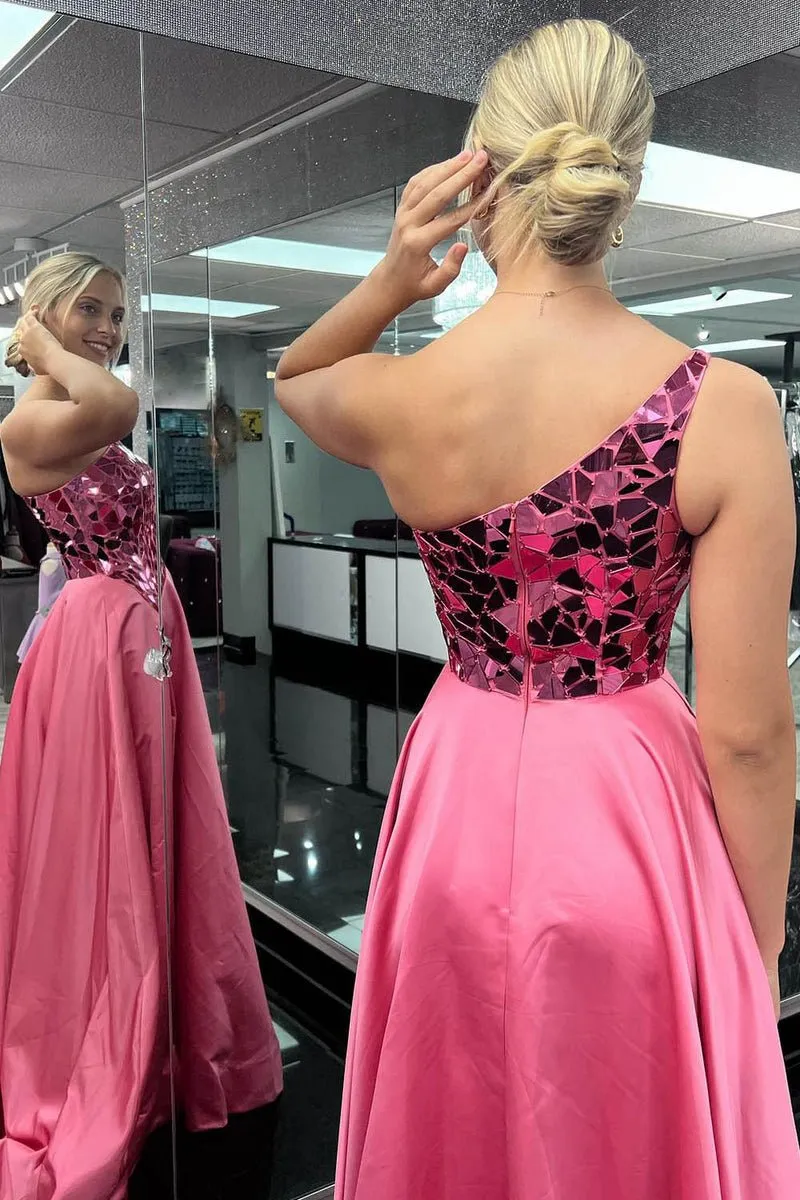 A-line One Shoulder Sequins Long Prom Dresses with Slit