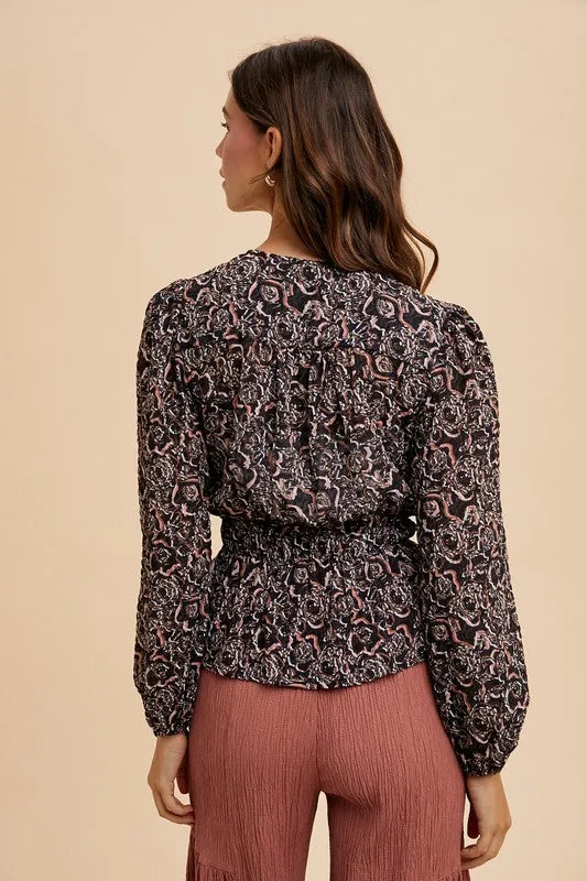 Abstract Print Balloon Sleeve Peplum Blouse For Women – Artistic Printed Fluttering Blouse with Dramatic Sleeves and Feminine Silhouette