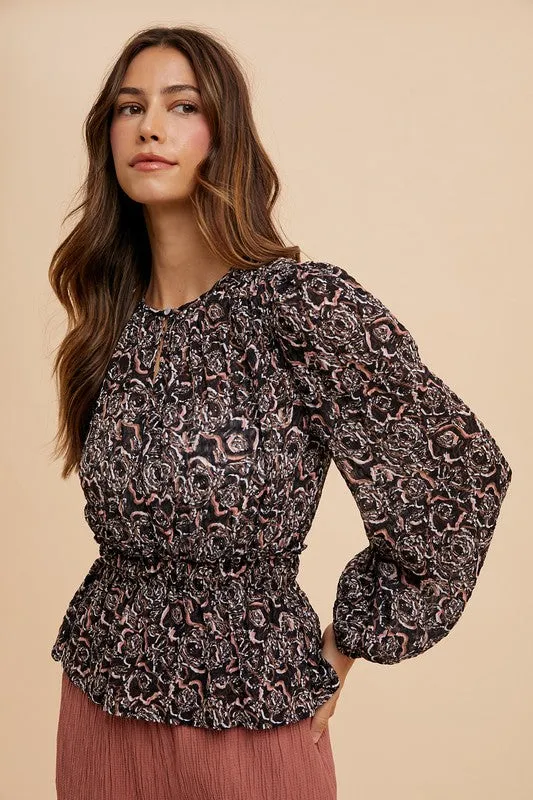 Abstract Print Balloon Sleeve Peplum Blouse For Women – Artistic Printed Fluttering Blouse with Dramatic Sleeves and Feminine Silhouette