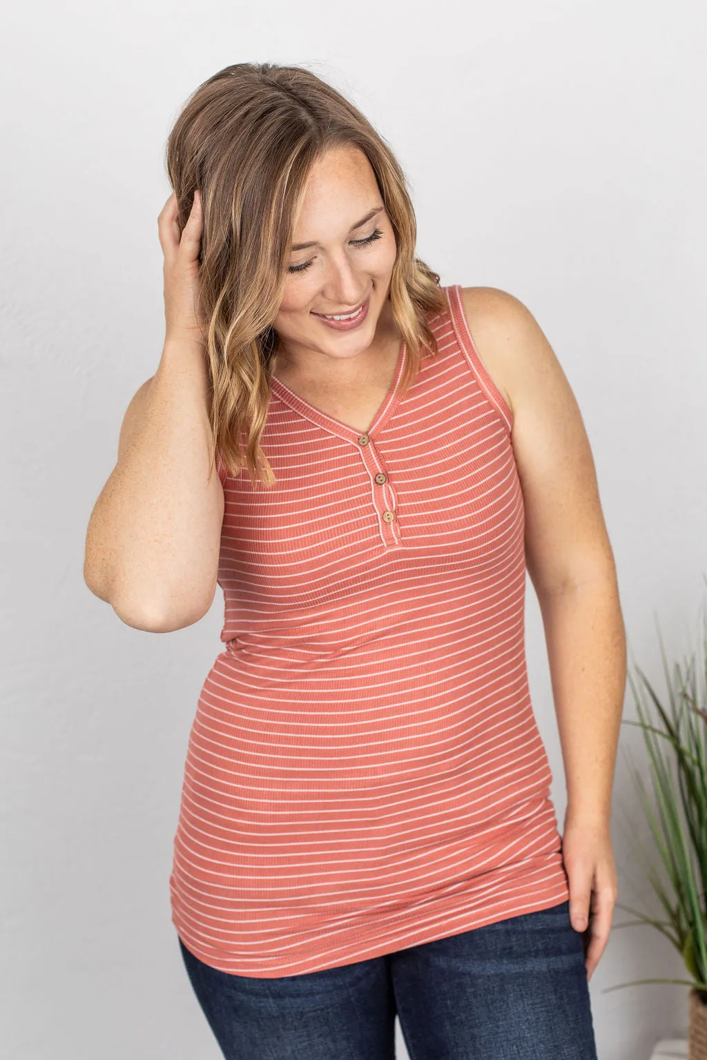 Addison Henley Tank - Dark Pink w/White Stripes