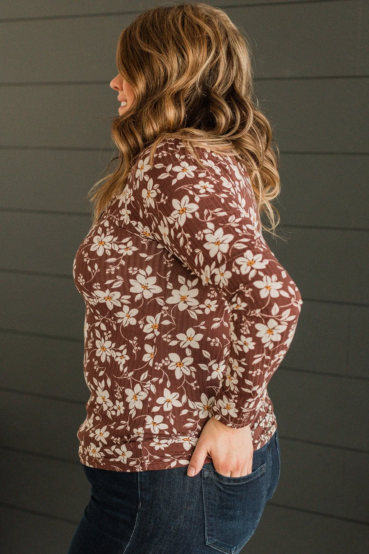 All Together Now Floral Henley Top- Brown