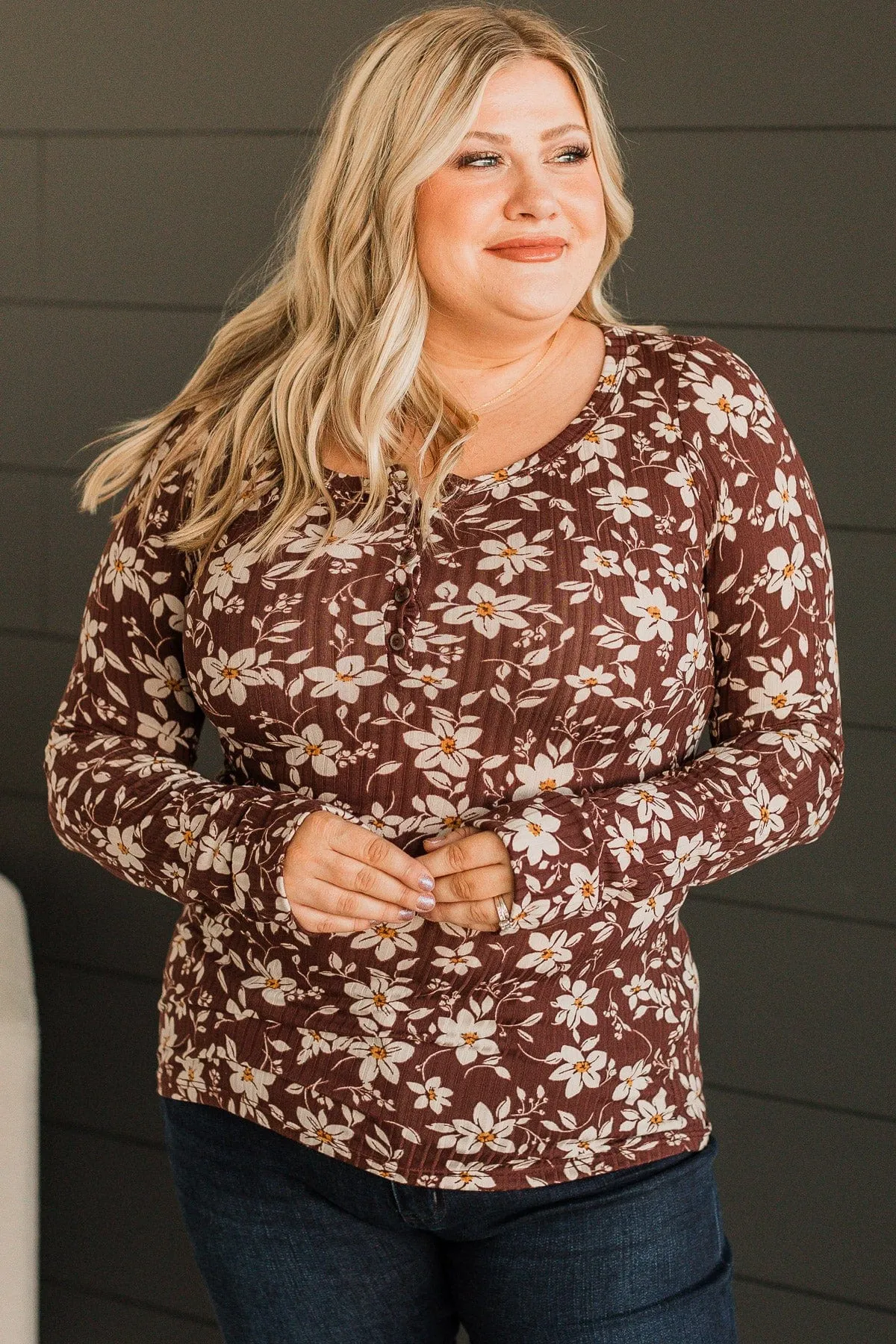All Together Now Floral Henley Top- Brown
