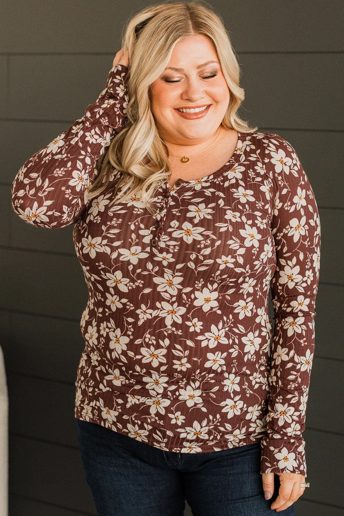 All Together Now Floral Henley Top- Brown