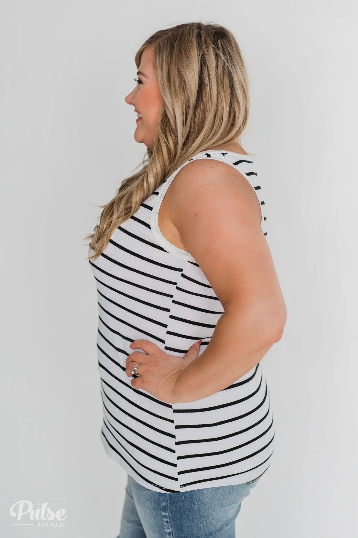 Always Need You 5-Button Henley Tank - Black & White Striped
