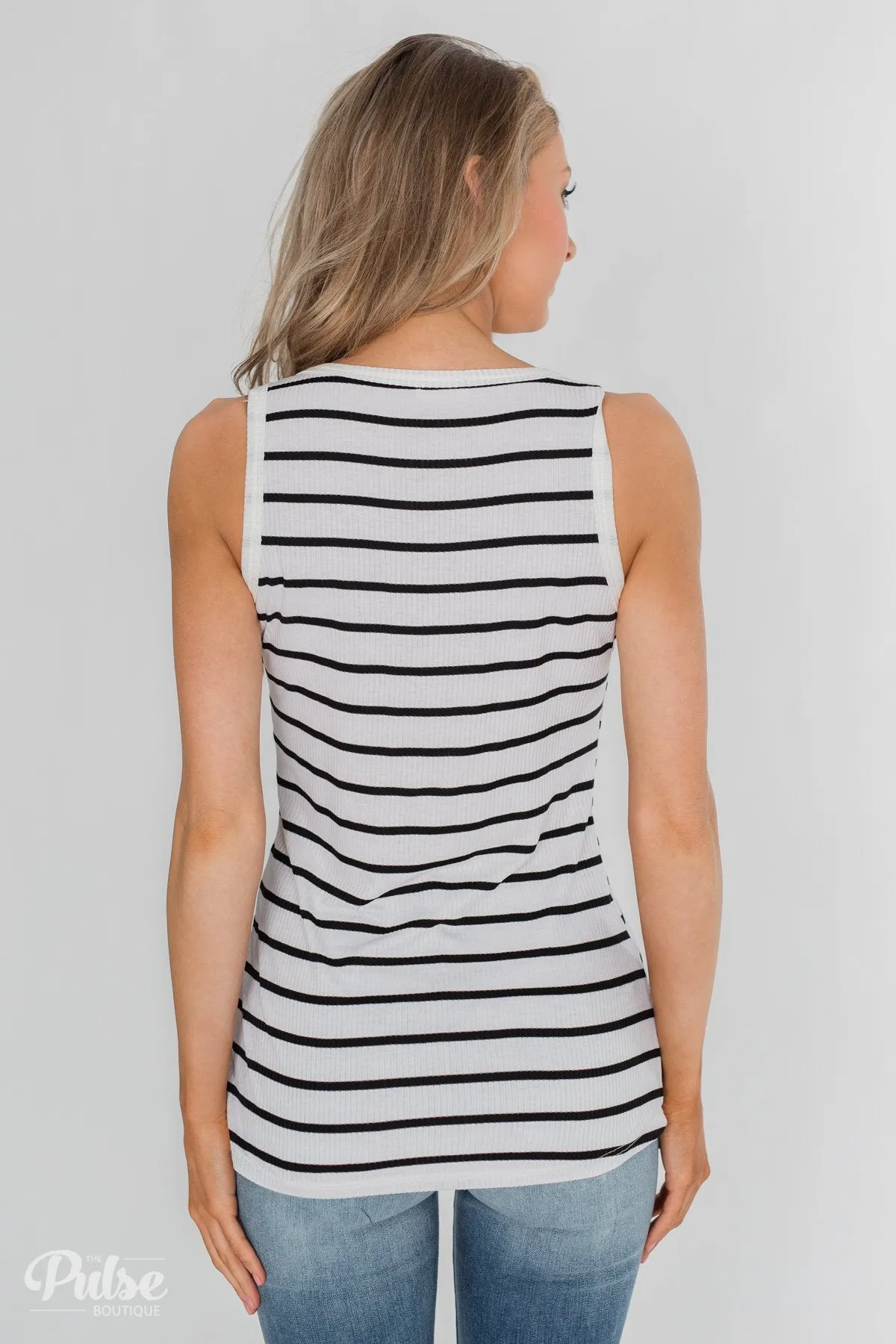 Always Need You 5-Button Henley Tank - Black & White Striped