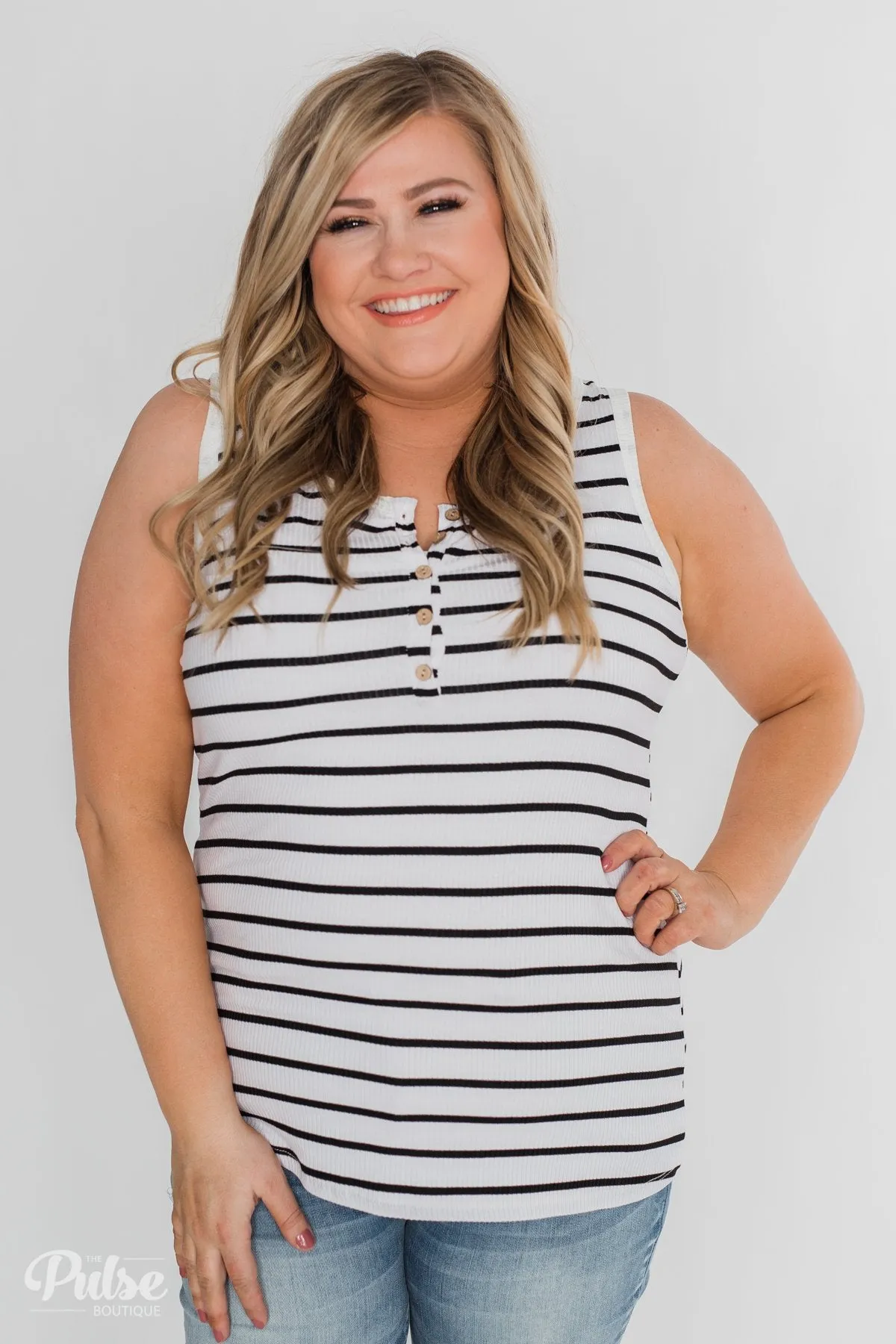 Always Need You 5-Button Henley Tank - Black & White Striped