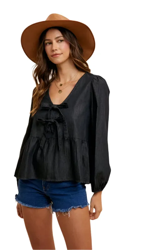 Annie Wear Tie Front Peplum Long Sleeve Denim Top