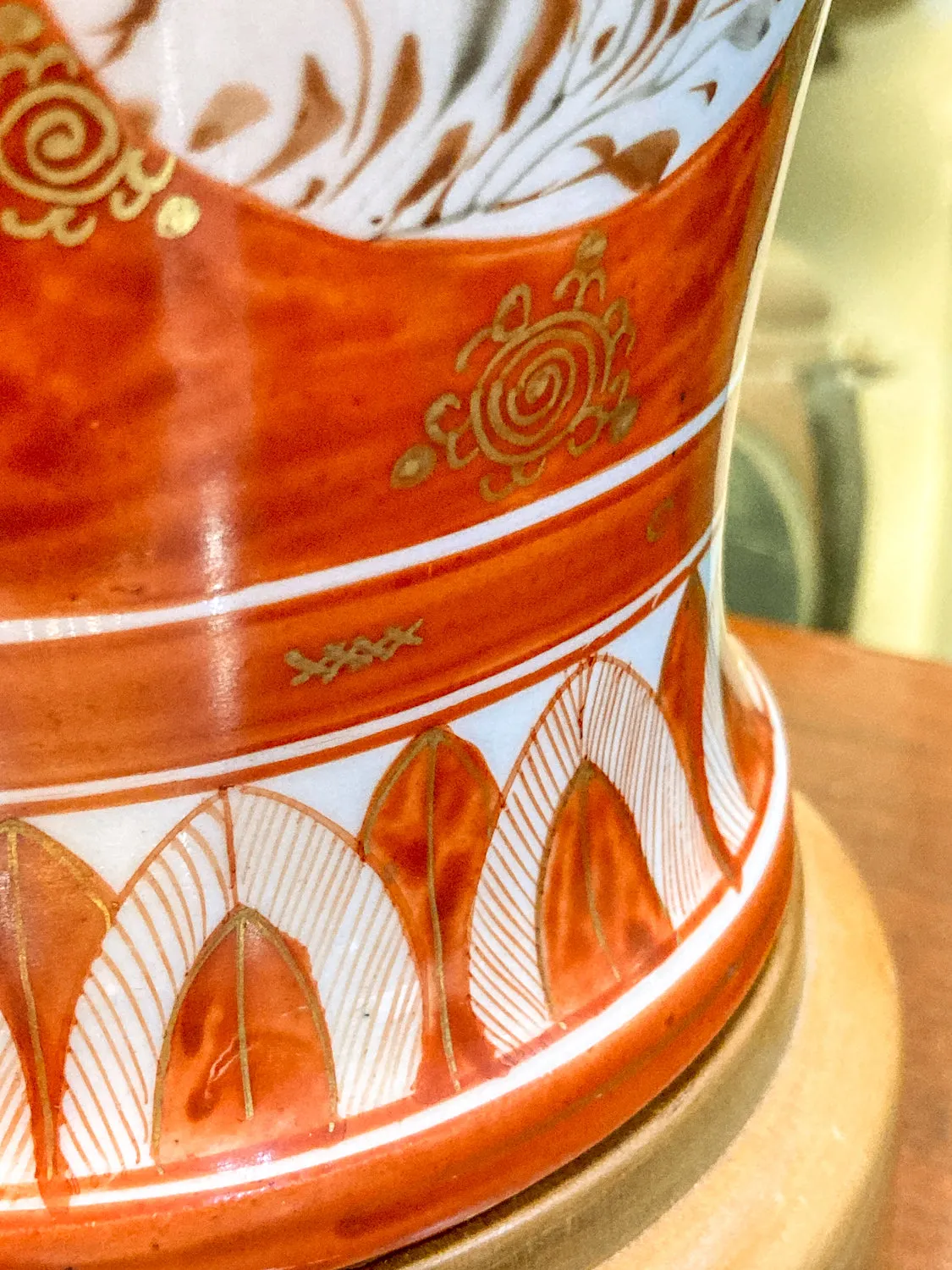 Antique Japanese Hand Painted Kutani Porcelain Vase Lamp Wood Base