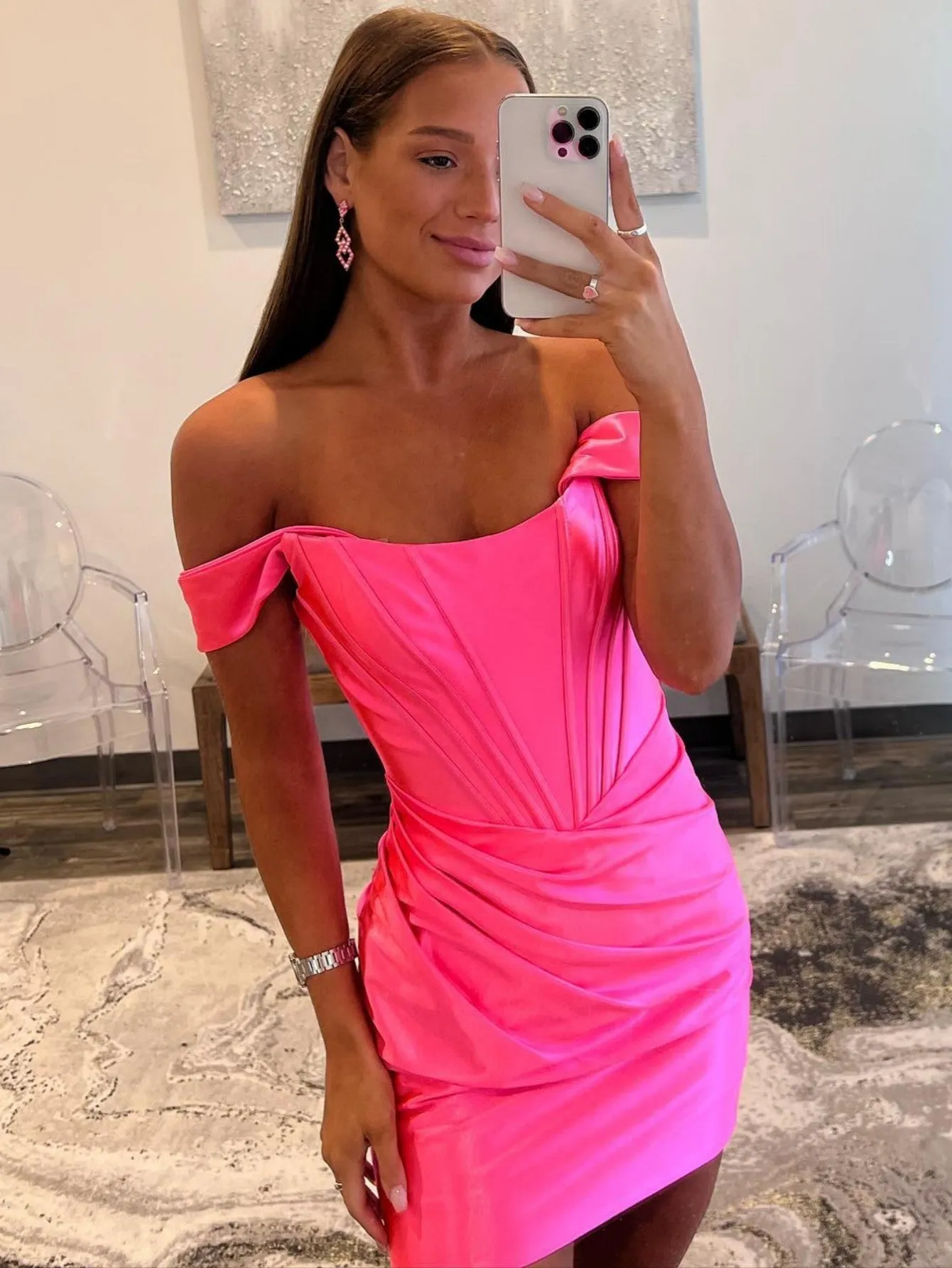 Ariana |Sheath Off the Shoulder Short Satin Homecoming Dress