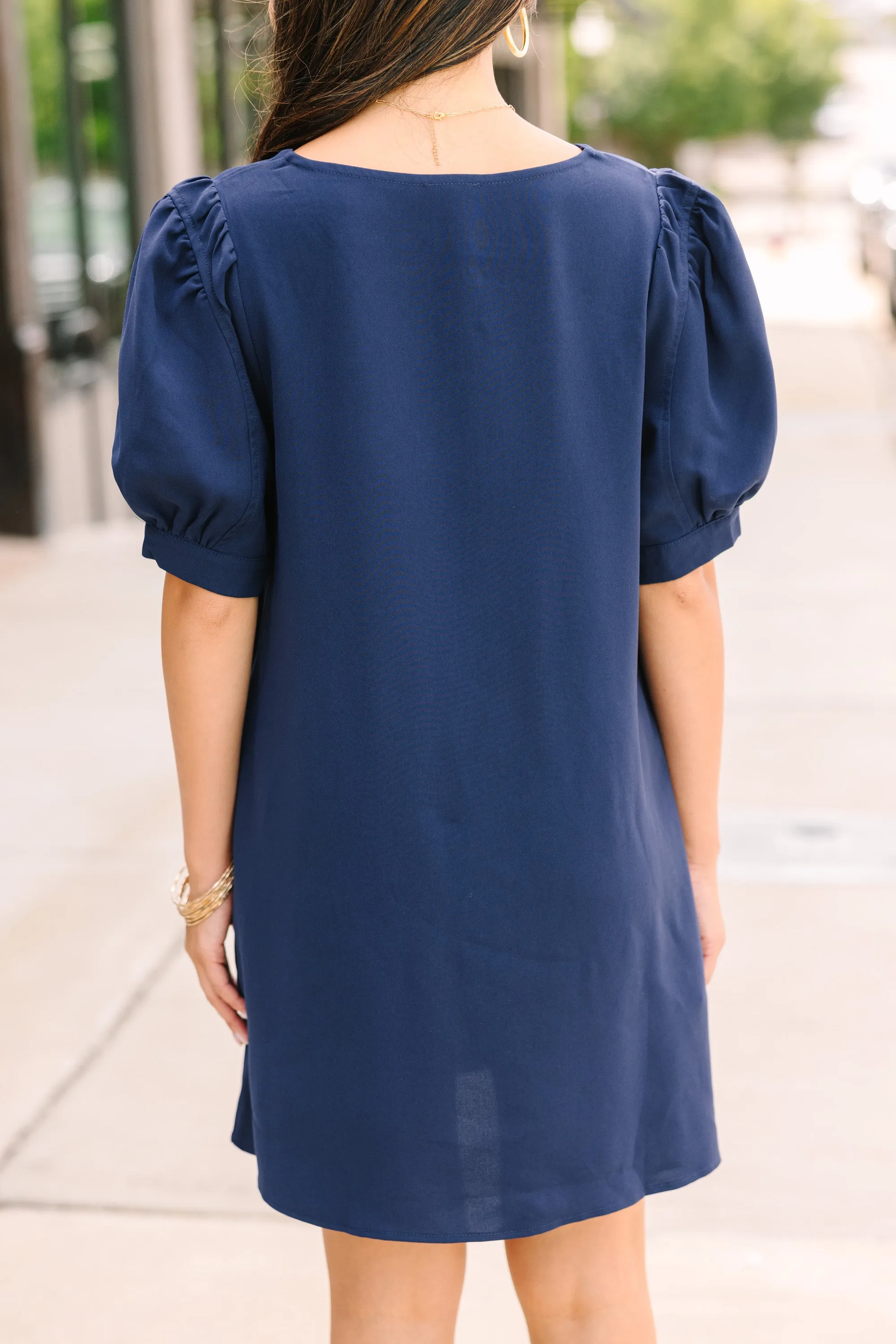 At First Sight Navy Blue Puff Sleeve Dress