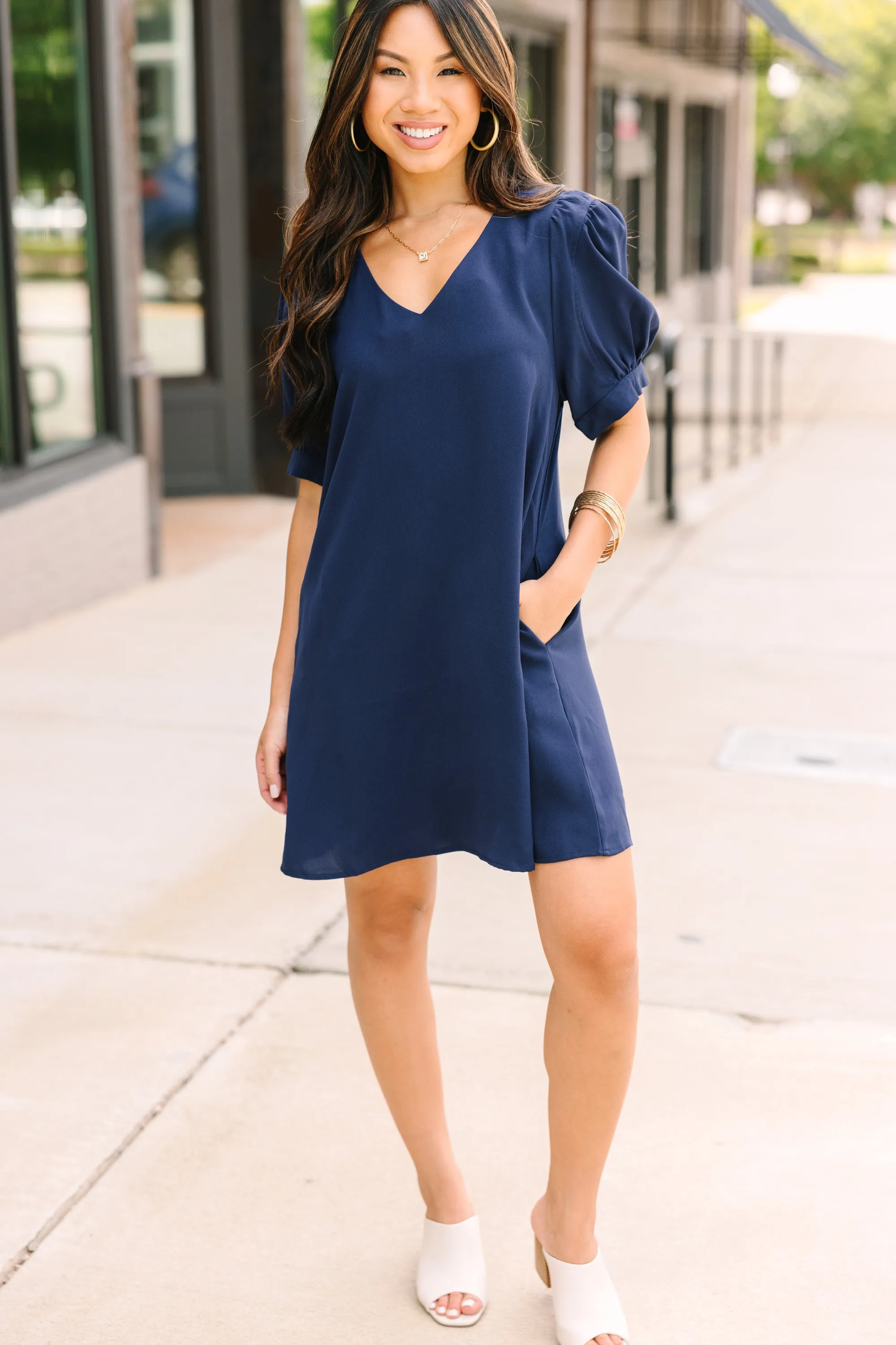 At First Sight Navy Blue Puff Sleeve Dress
