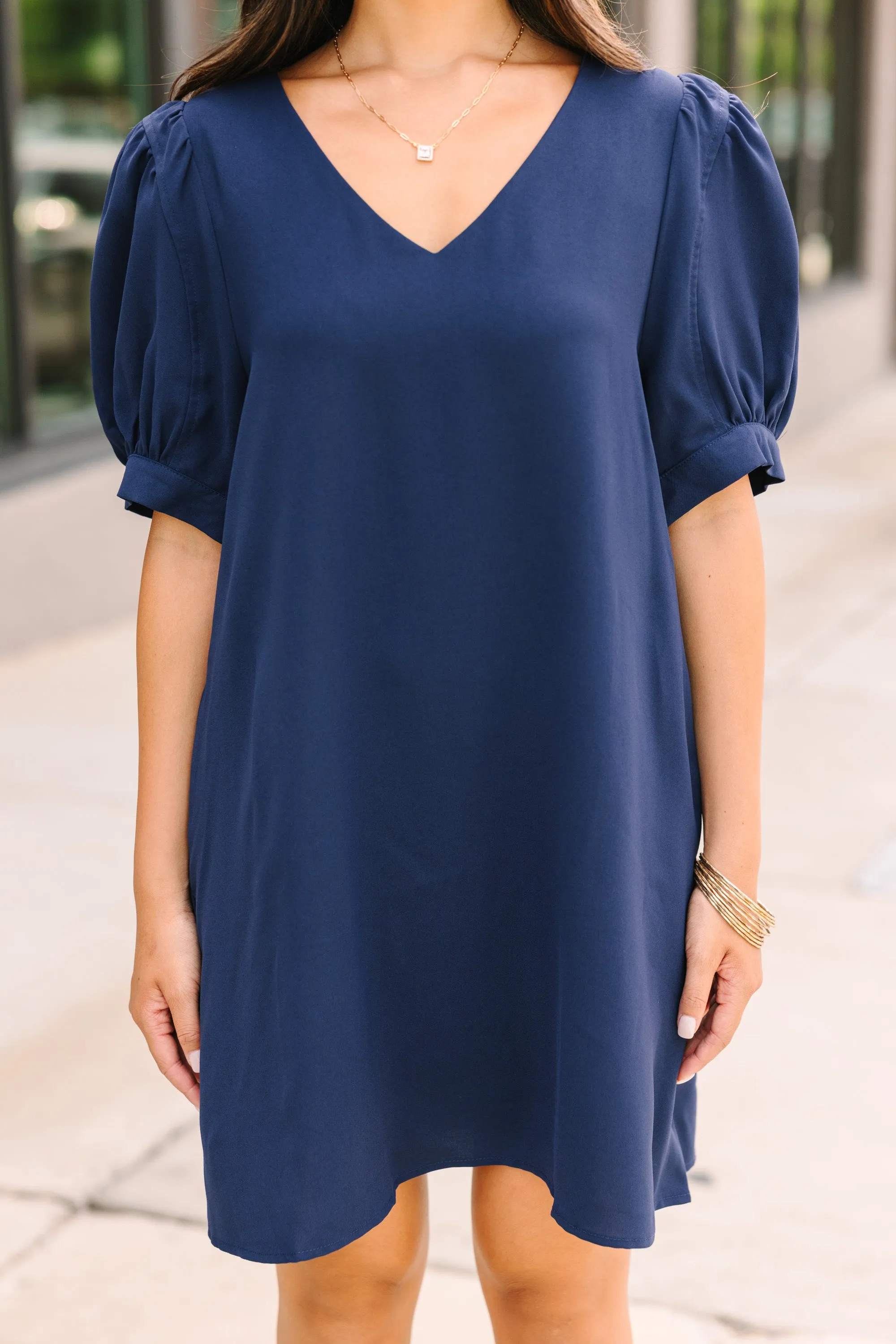At First Sight Navy Blue Puff Sleeve Dress