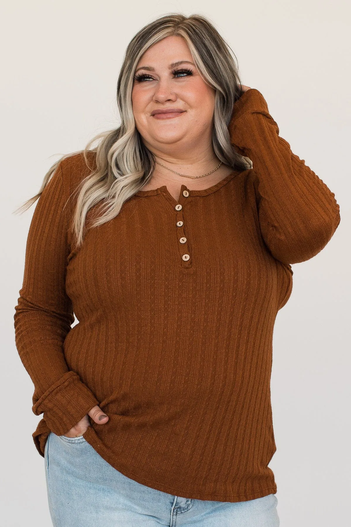 At My Best Knit Button Top- Rust