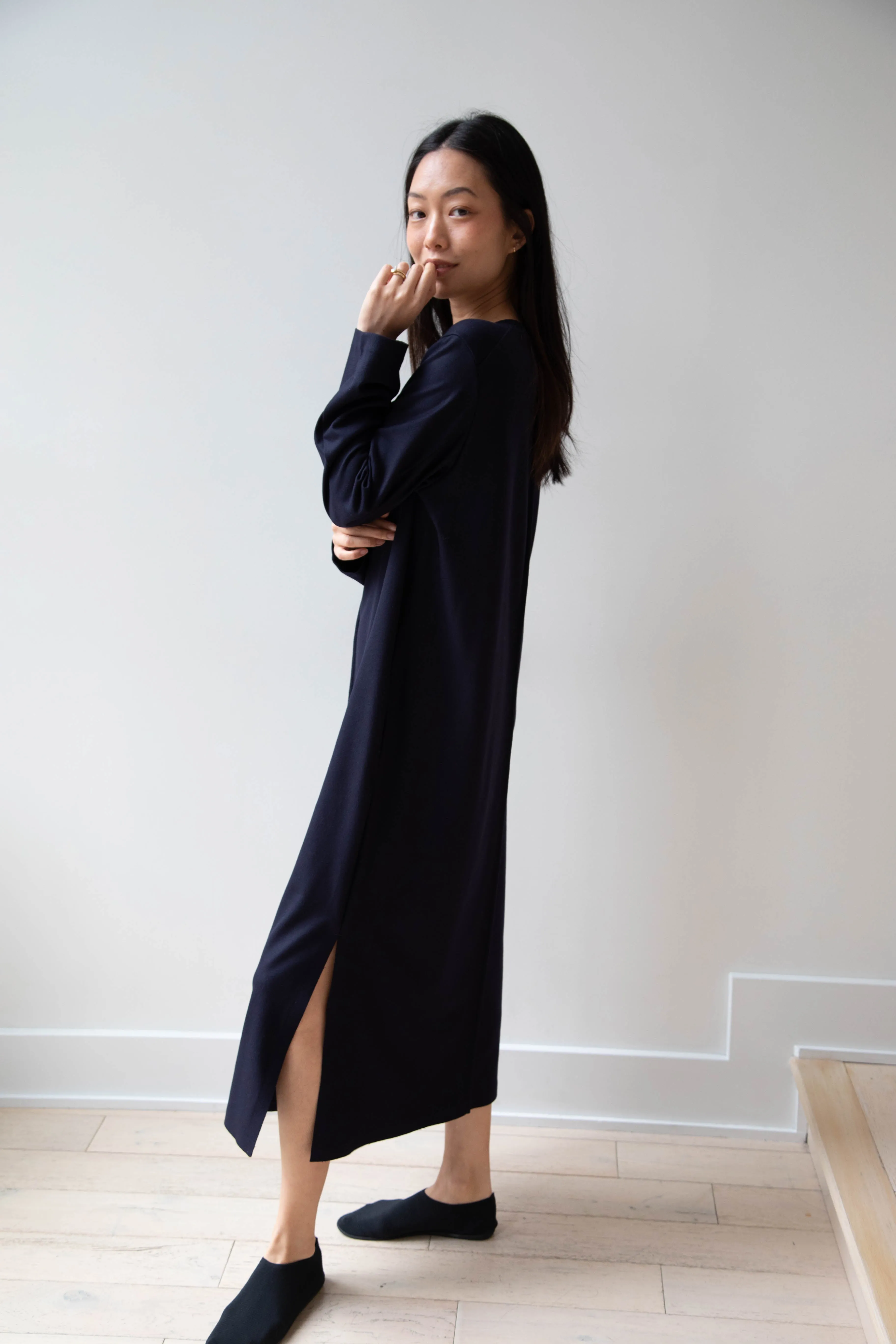 Aton | Crewneck Dress in Navy Wool