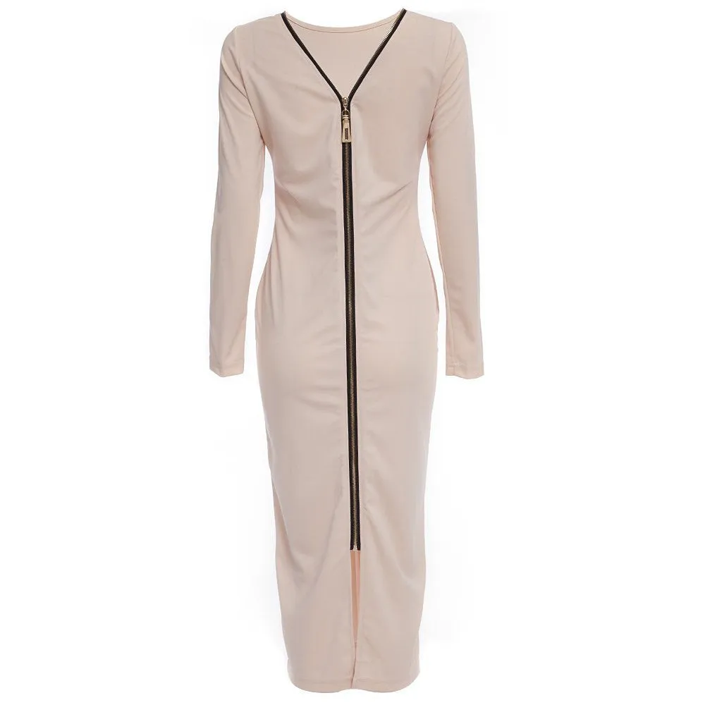 Autumn Maxi Simple Round Collar Knee-Length Sexy Elegant Dress Long Sleeve Full Zipper Tight Design Fitted Dresses Women Vestido