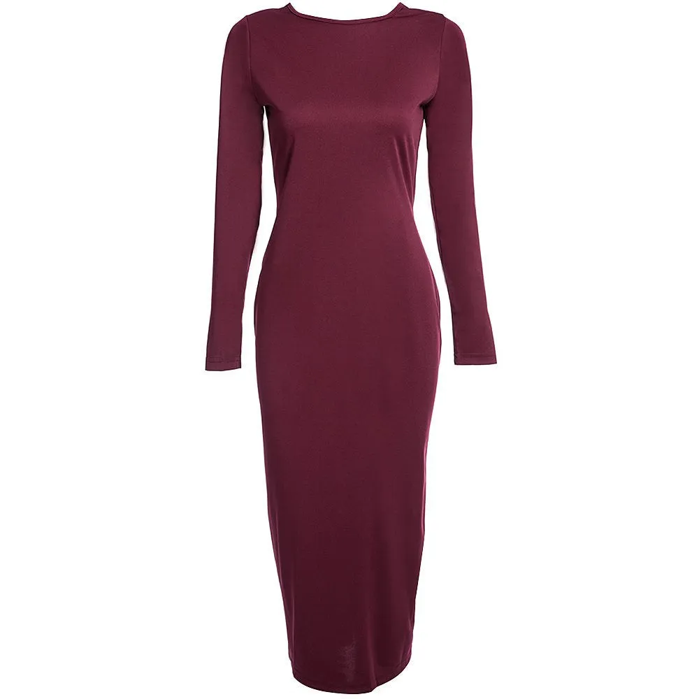 Autumn Maxi Simple Round Collar Knee-Length Sexy Elegant Dress Long Sleeve Full Zipper Tight Design Fitted Dresses Women Vestido