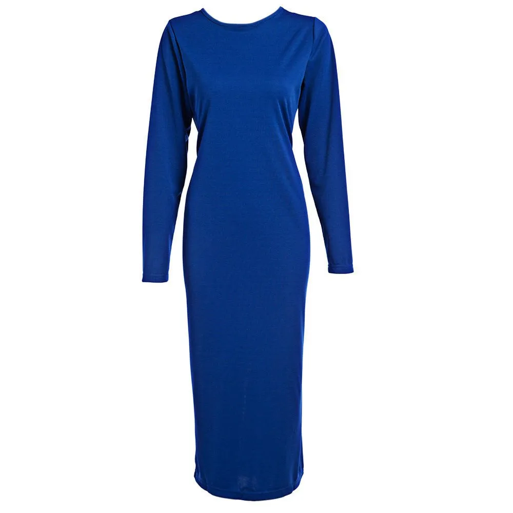 Autumn Maxi Simple Round Collar Knee-Length Sexy Elegant Dress Long Sleeve Full Zipper Tight Design Fitted Dresses Women Vestido