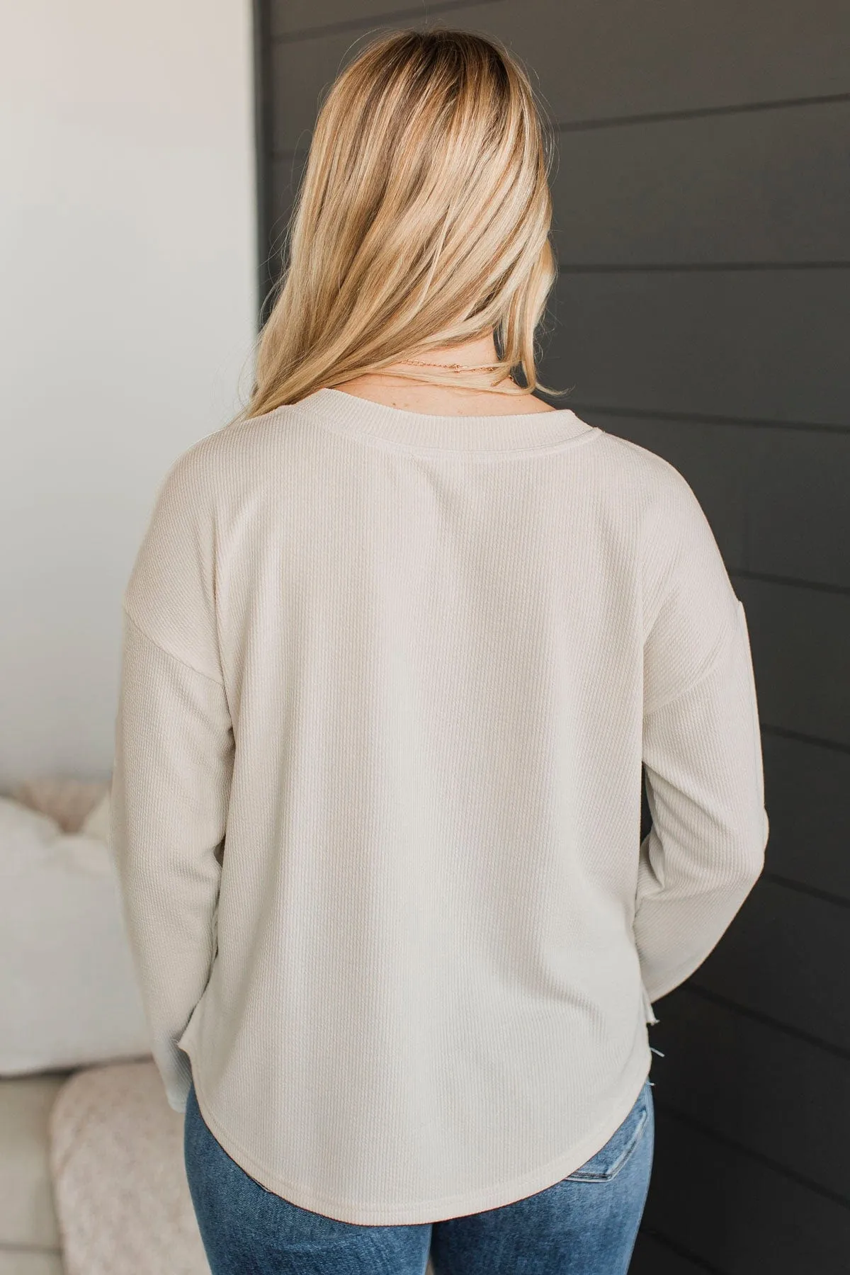 Beaming Smiles Ribbed Henley Top- Light Oatmeal