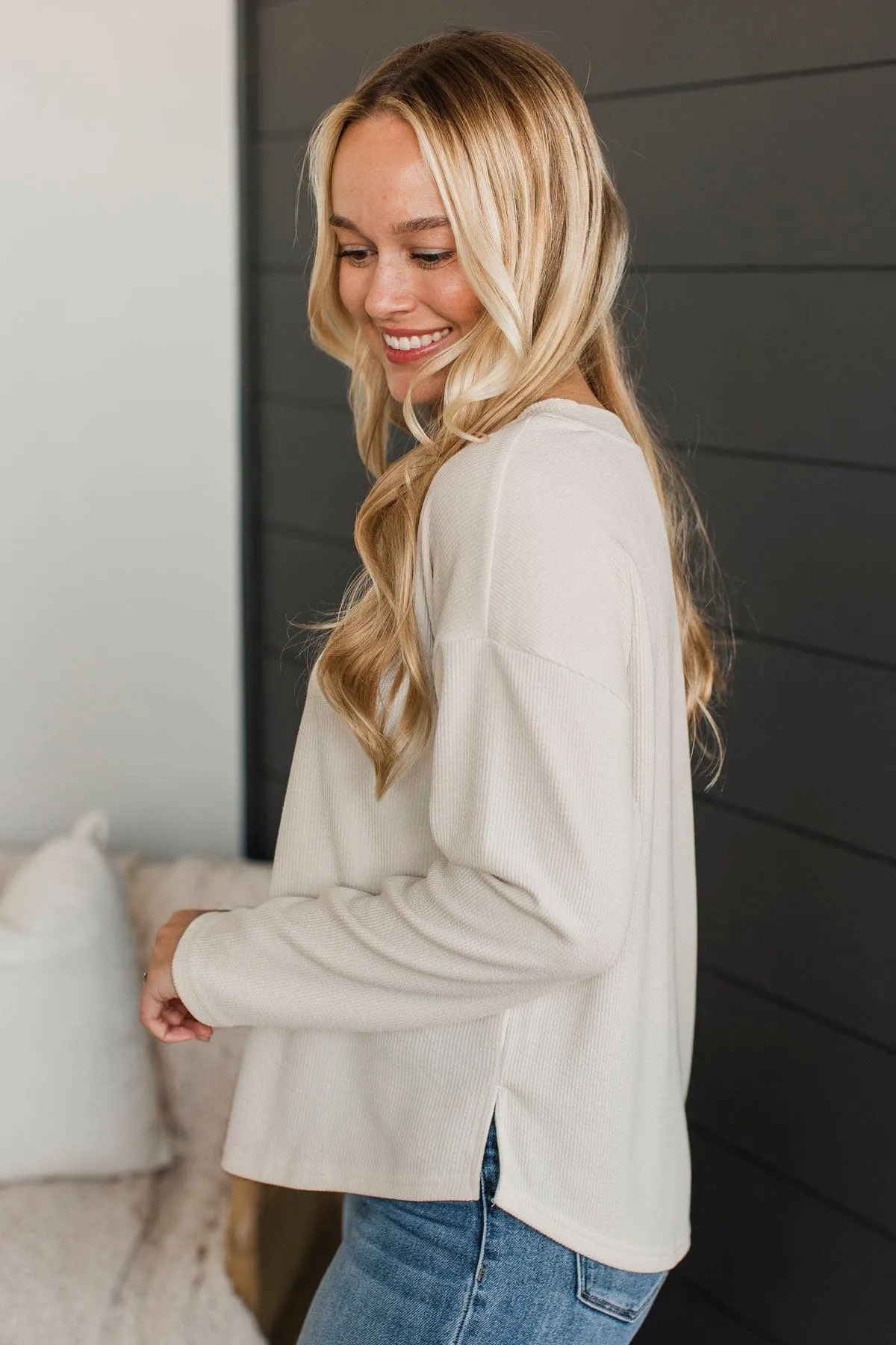Beaming Smiles Ribbed Henley Top- Light Oatmeal