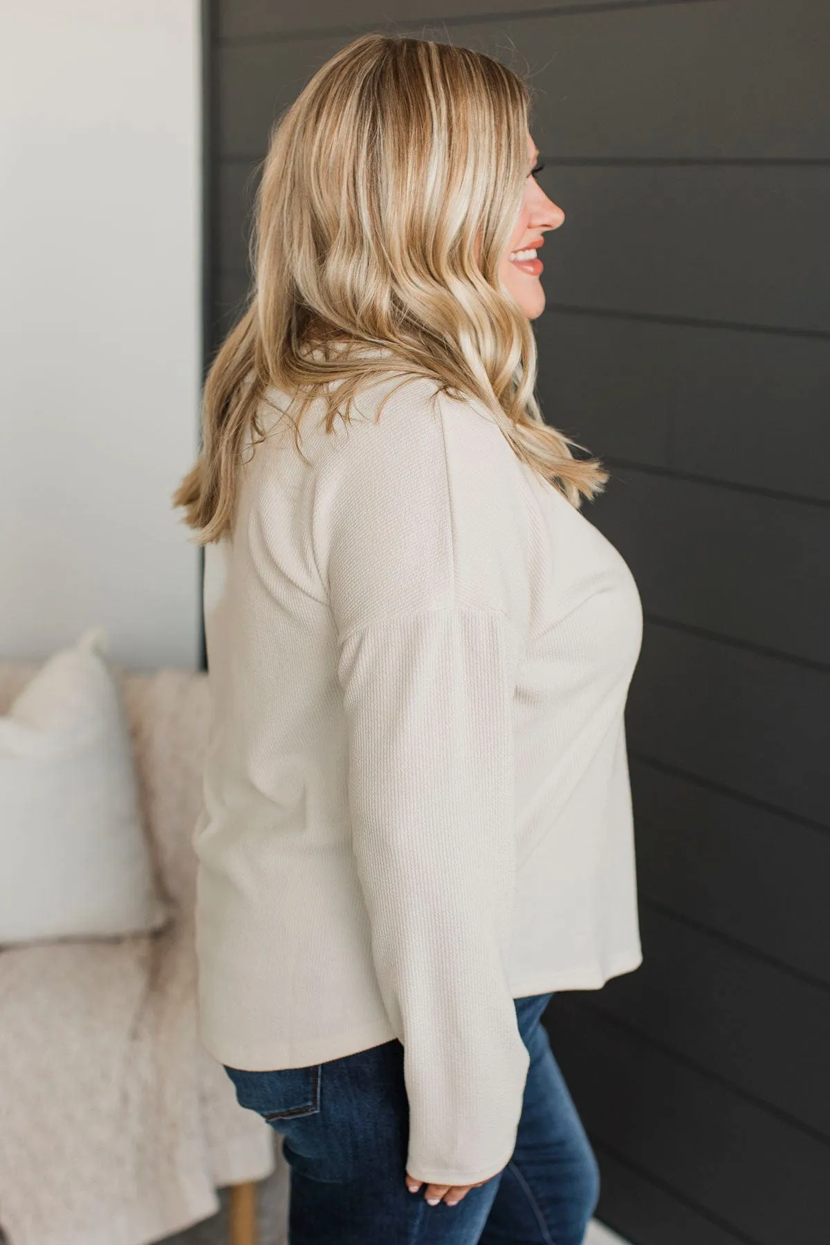 Beaming Smiles Ribbed Henley Top- Light Oatmeal