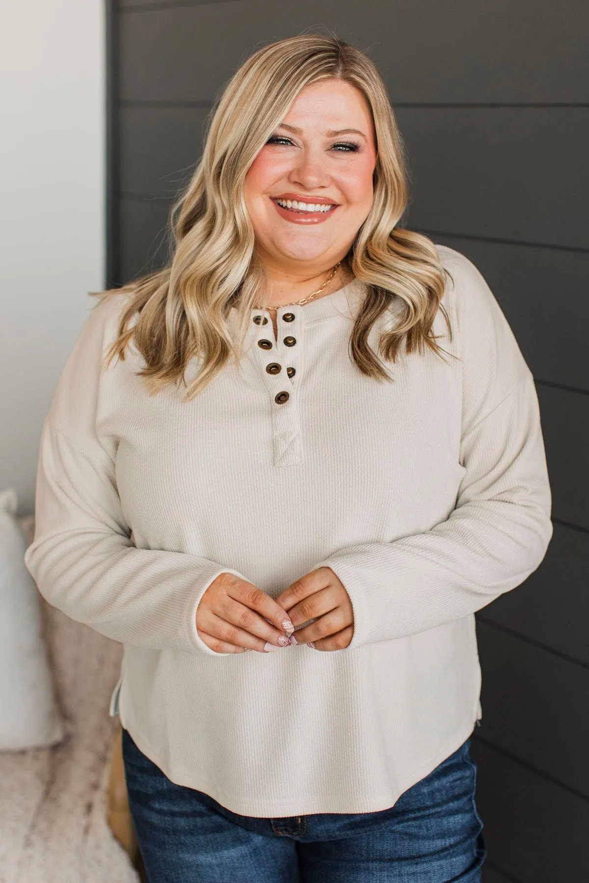 Beaming Smiles Ribbed Henley Top- Light Oatmeal