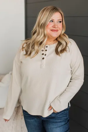 Beaming Smiles Ribbed Henley Top- Light Oatmeal
