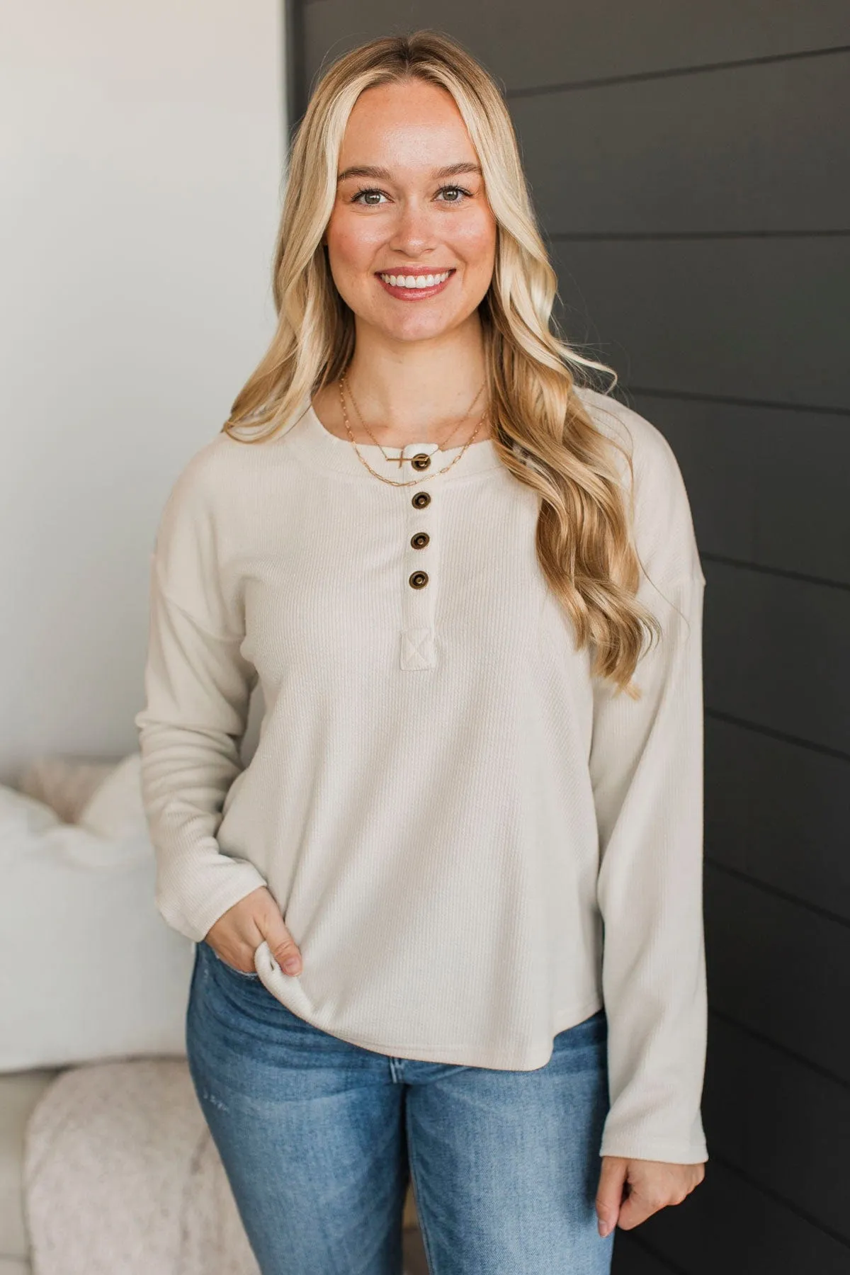 Beaming Smiles Ribbed Henley Top- Light Oatmeal