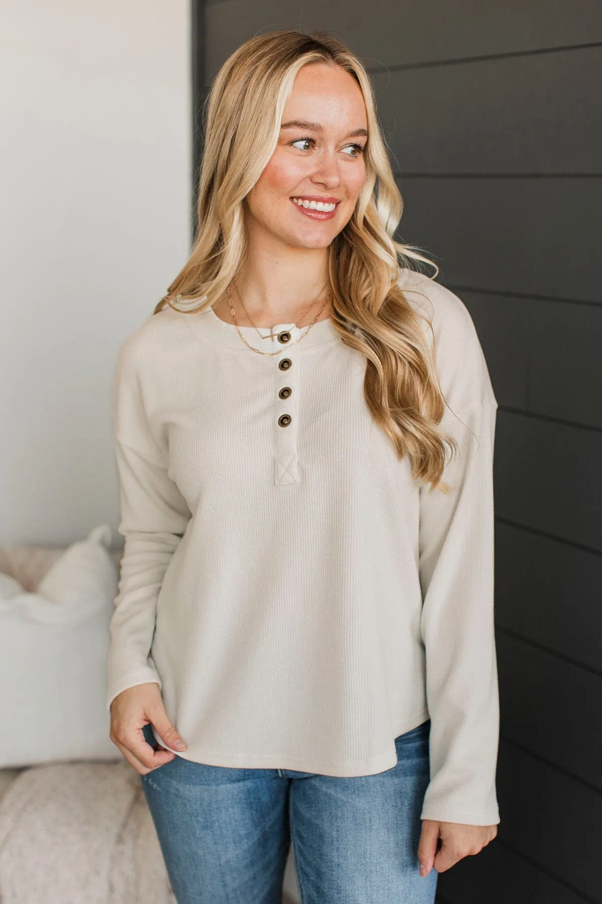 Beaming Smiles Ribbed Henley Top- Light Oatmeal