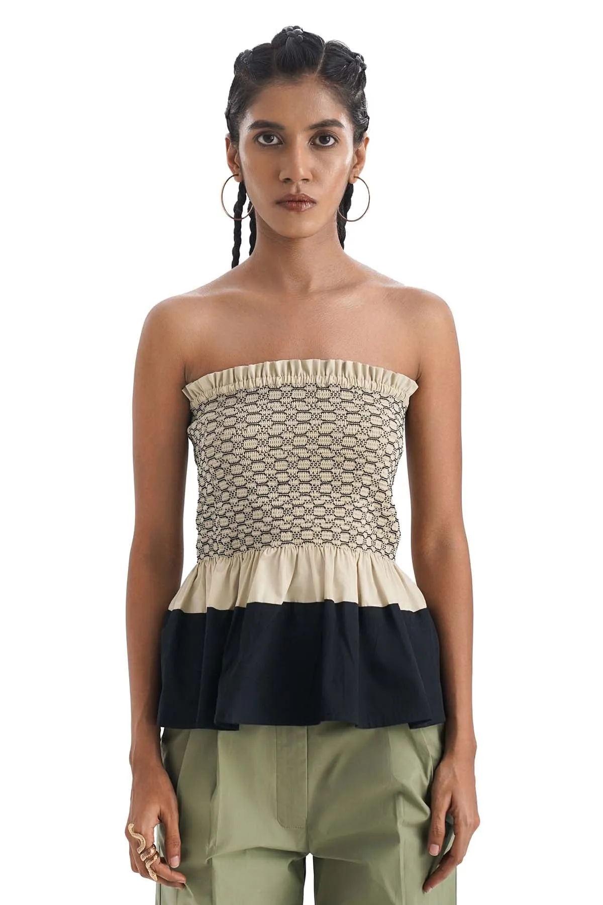 Beige Smocked Cotton Tube Top