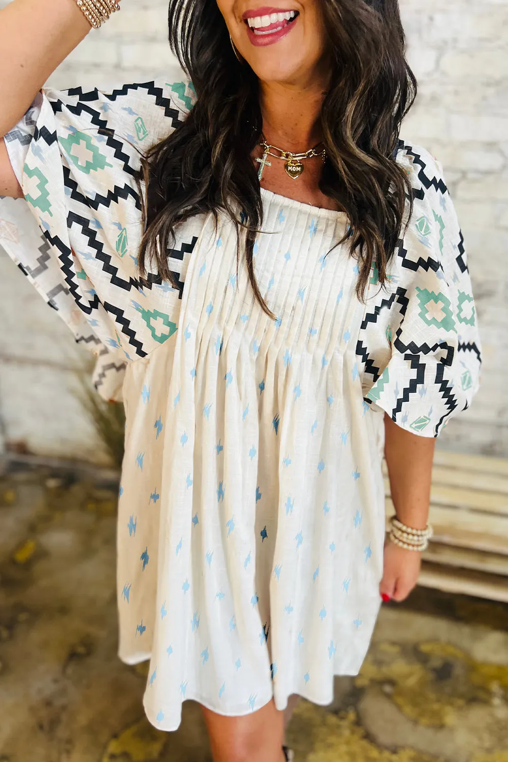 Beige Western Aztec Print Pleated Square Neck Loose Mini Dress