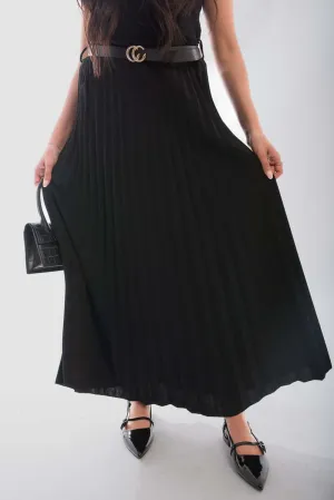 Belted Maxi Length Pleated Skirt