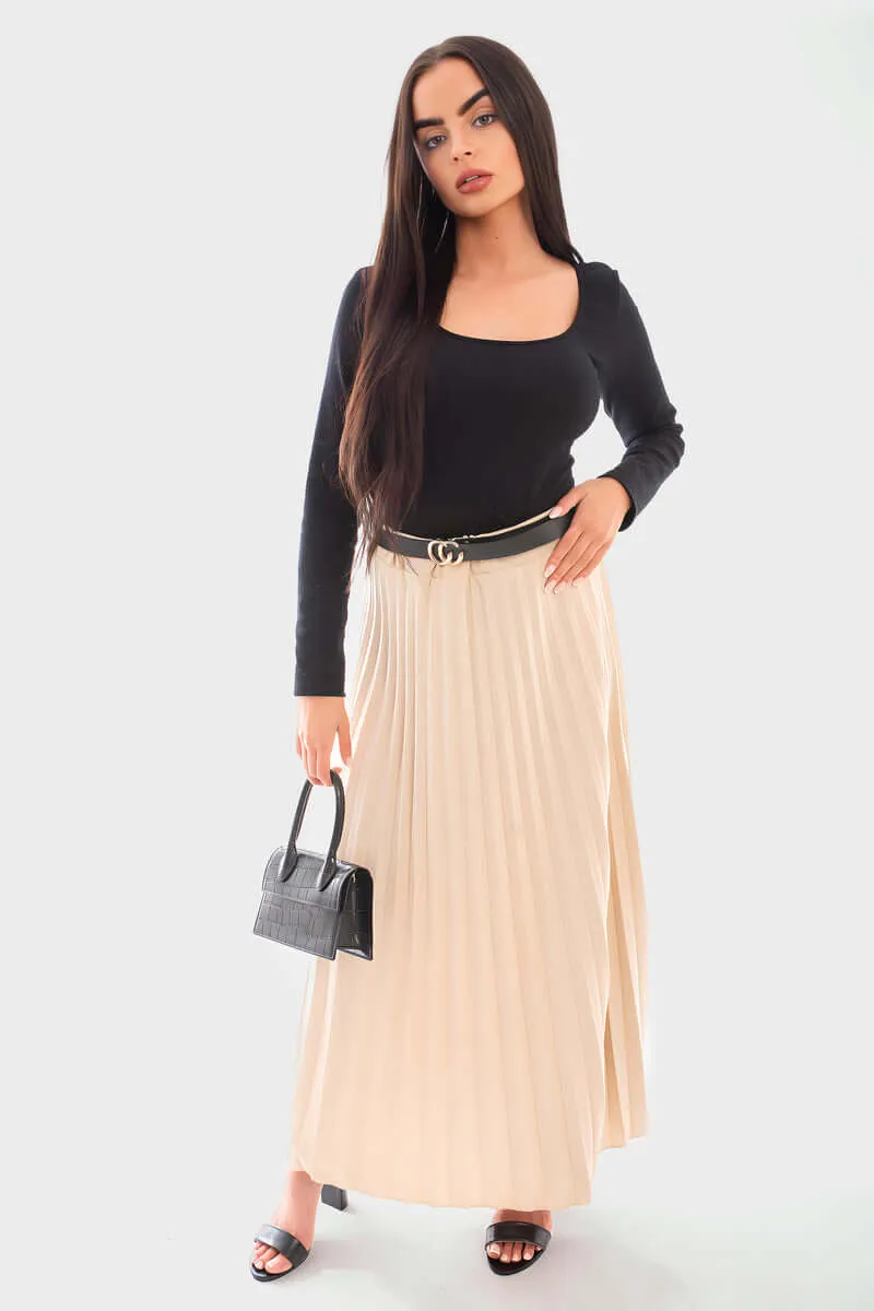 Belted Maxi Length Pleated Skirt