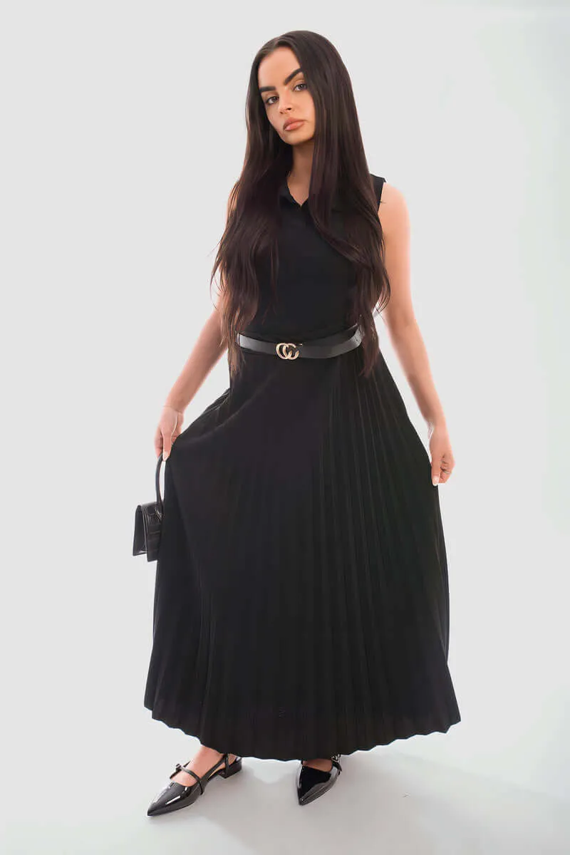 Belted Maxi Length Pleated Skirt