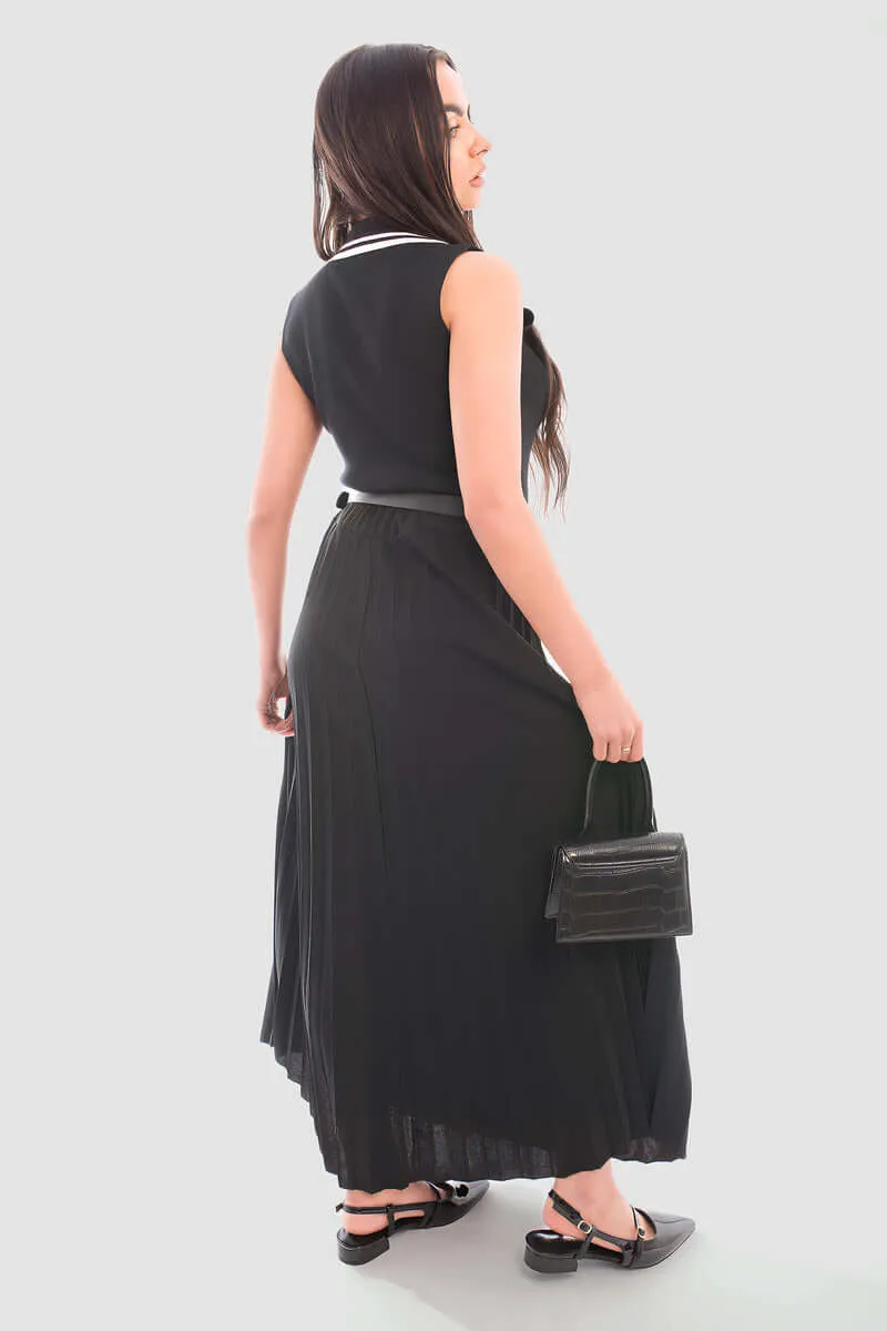 Belted Maxi Length Pleated Skirt