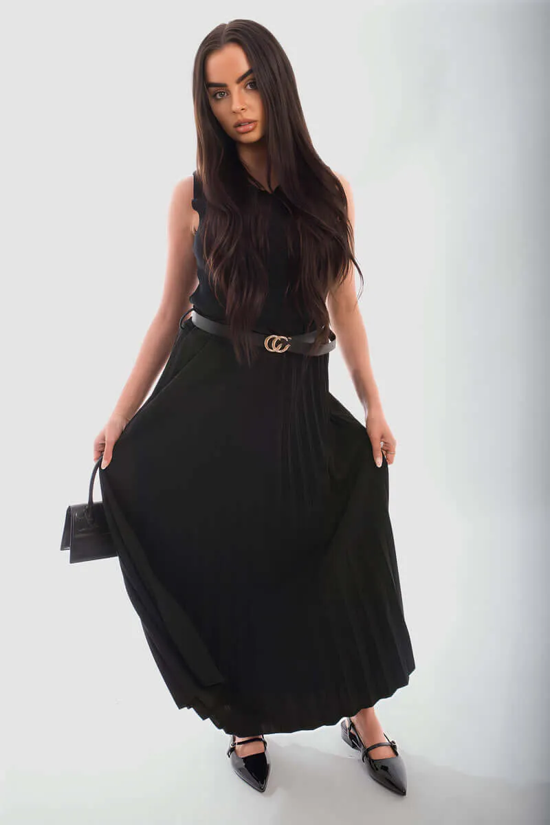 Belted Maxi Length Pleated Skirt