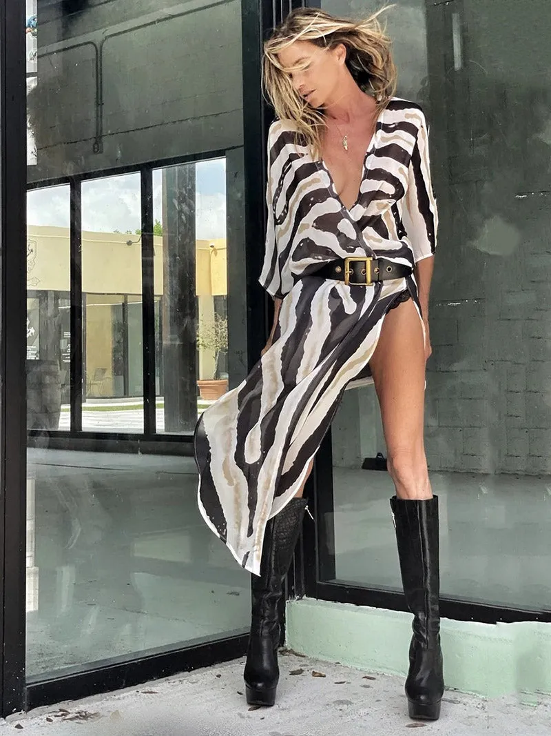 Belted Zebra Printed Half Sleeves V-neck Cover-Ups Tops