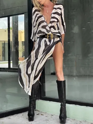 Belted Zebra Printed Half Sleeves V-neck Cover-Ups Tops