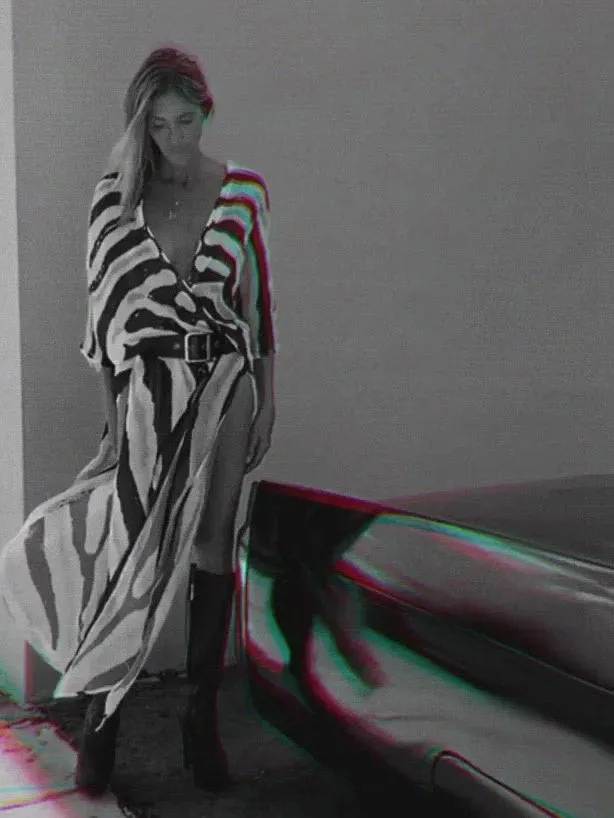 Belted Zebra Printed Half Sleeves V-neck Cover-Ups Tops